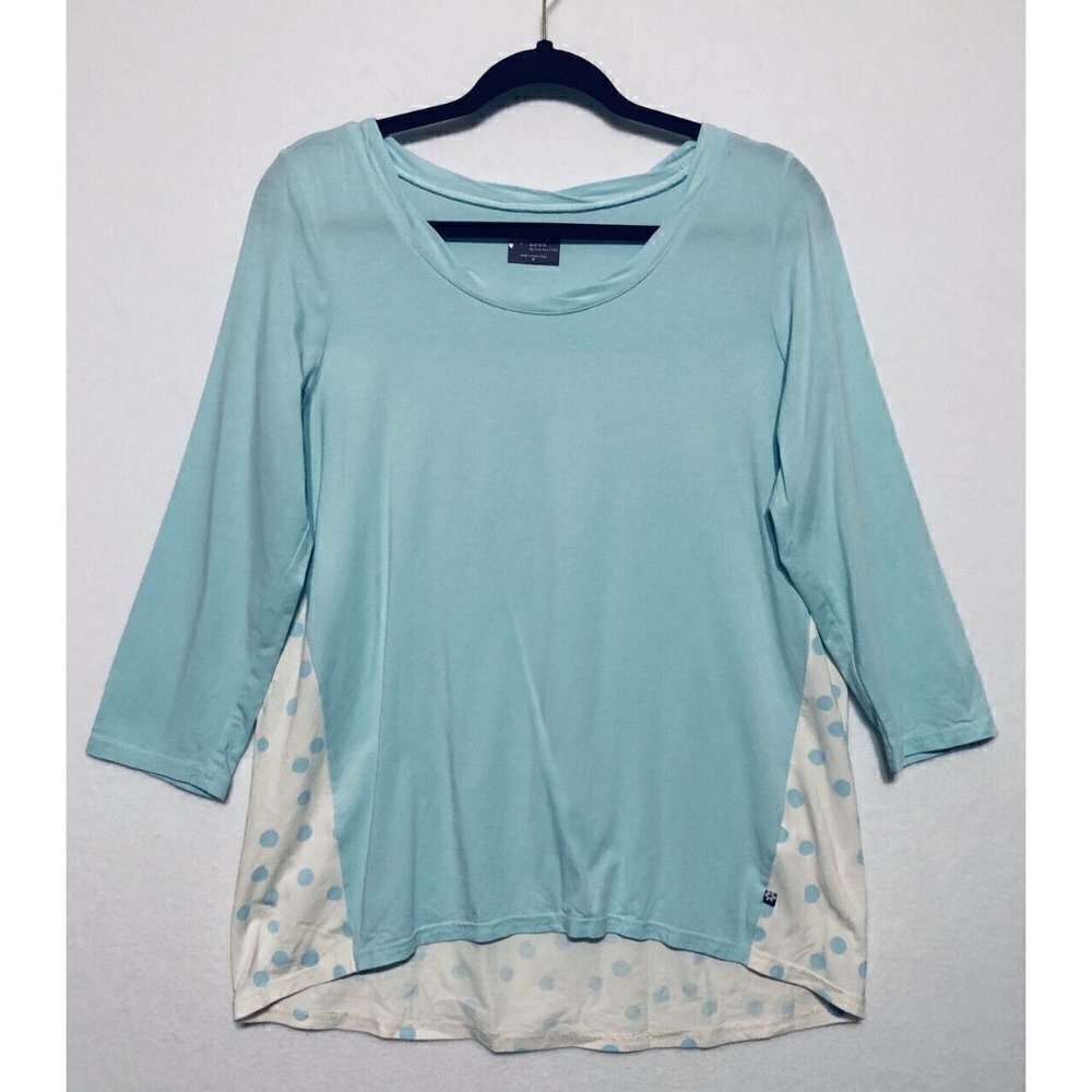 Zinni by Garnet Hill Womens Medium Blue Polka Dot Blouse 3/4 Sleeve Hi Low Hem